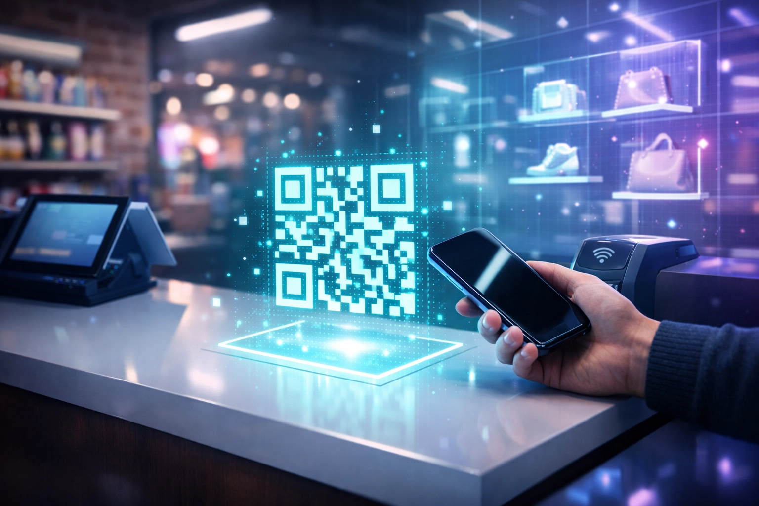 Customer scanning QR code at crypto POS checkout blending physical retail and metaverse shopping environments