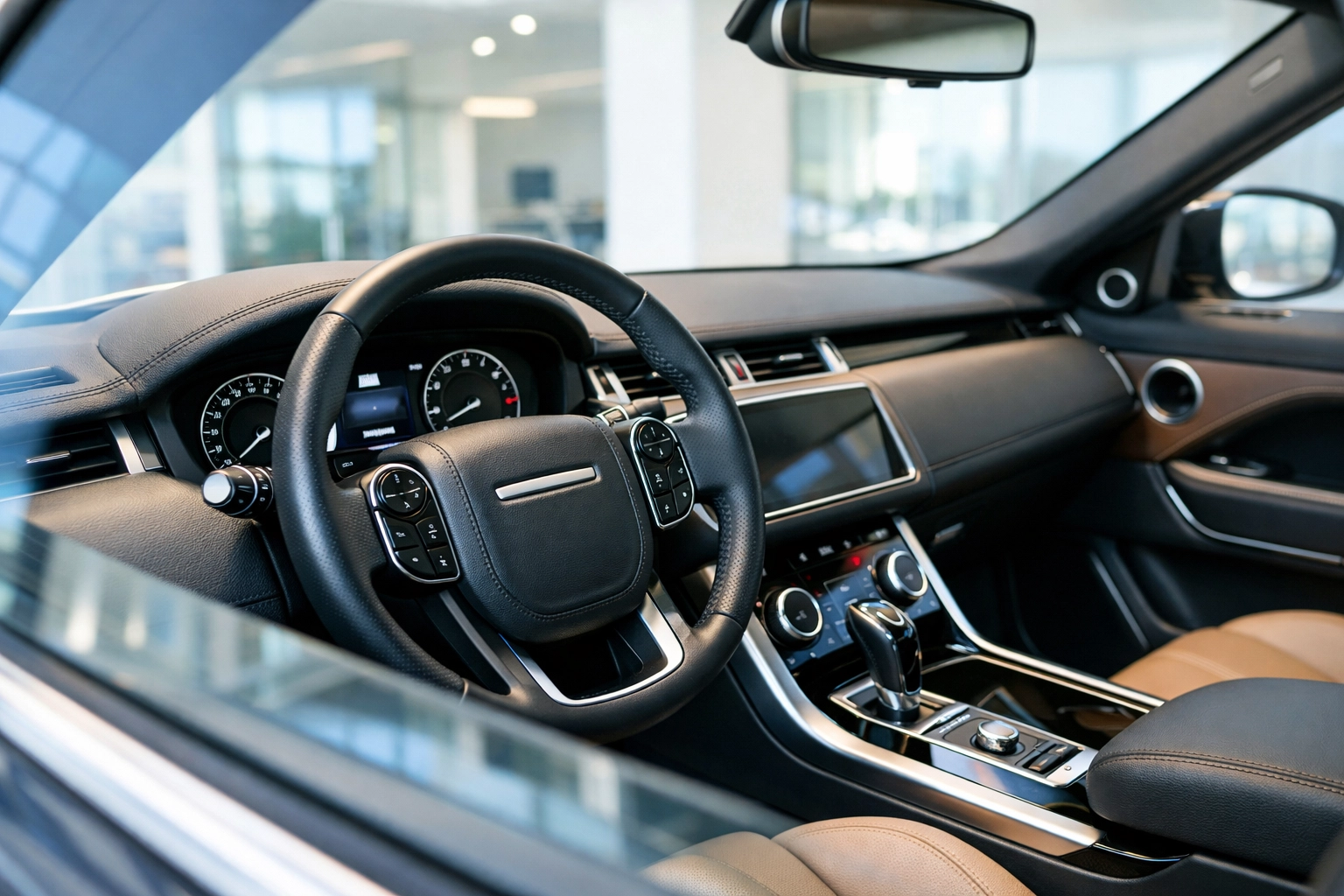 Clean luxury car interior viewed through a spotless, smudge-free glass window.