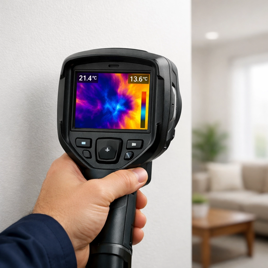 A technician uses a thermal imaging camera to detect hidden moisture and water damage behind a living room wall.