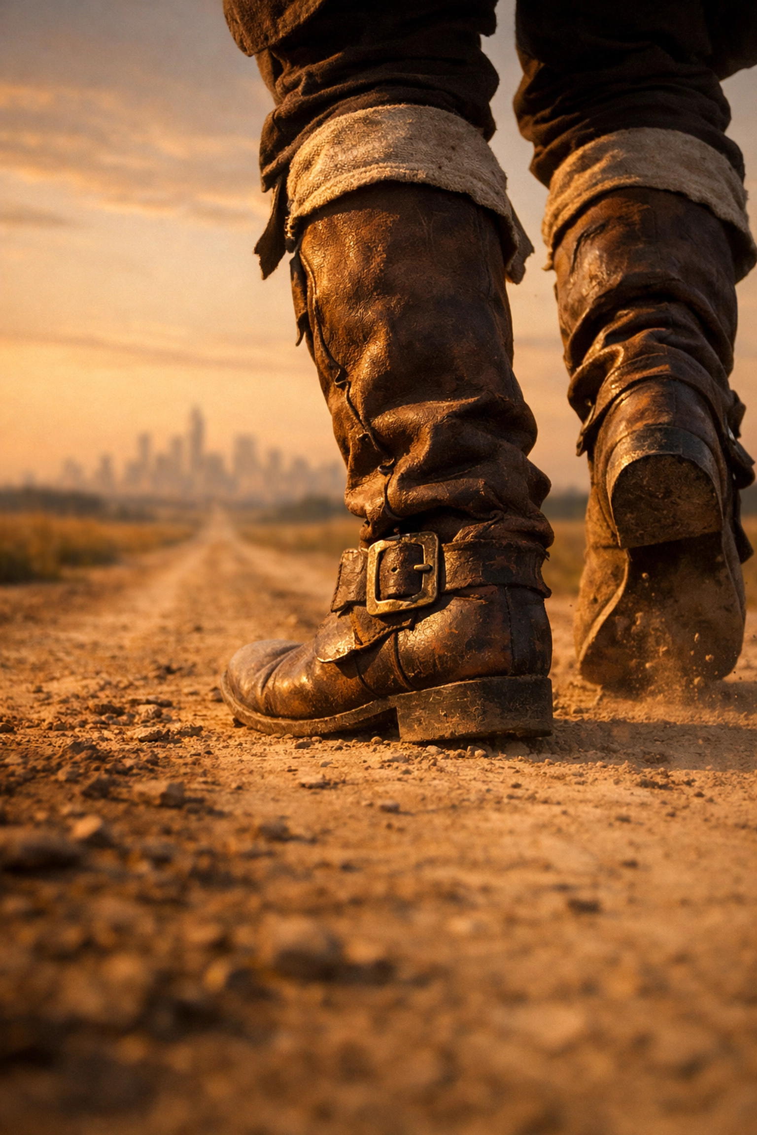 Colonial boots on a dusty road toward a modern skyline, representing 220 years of steady US fiscal history.