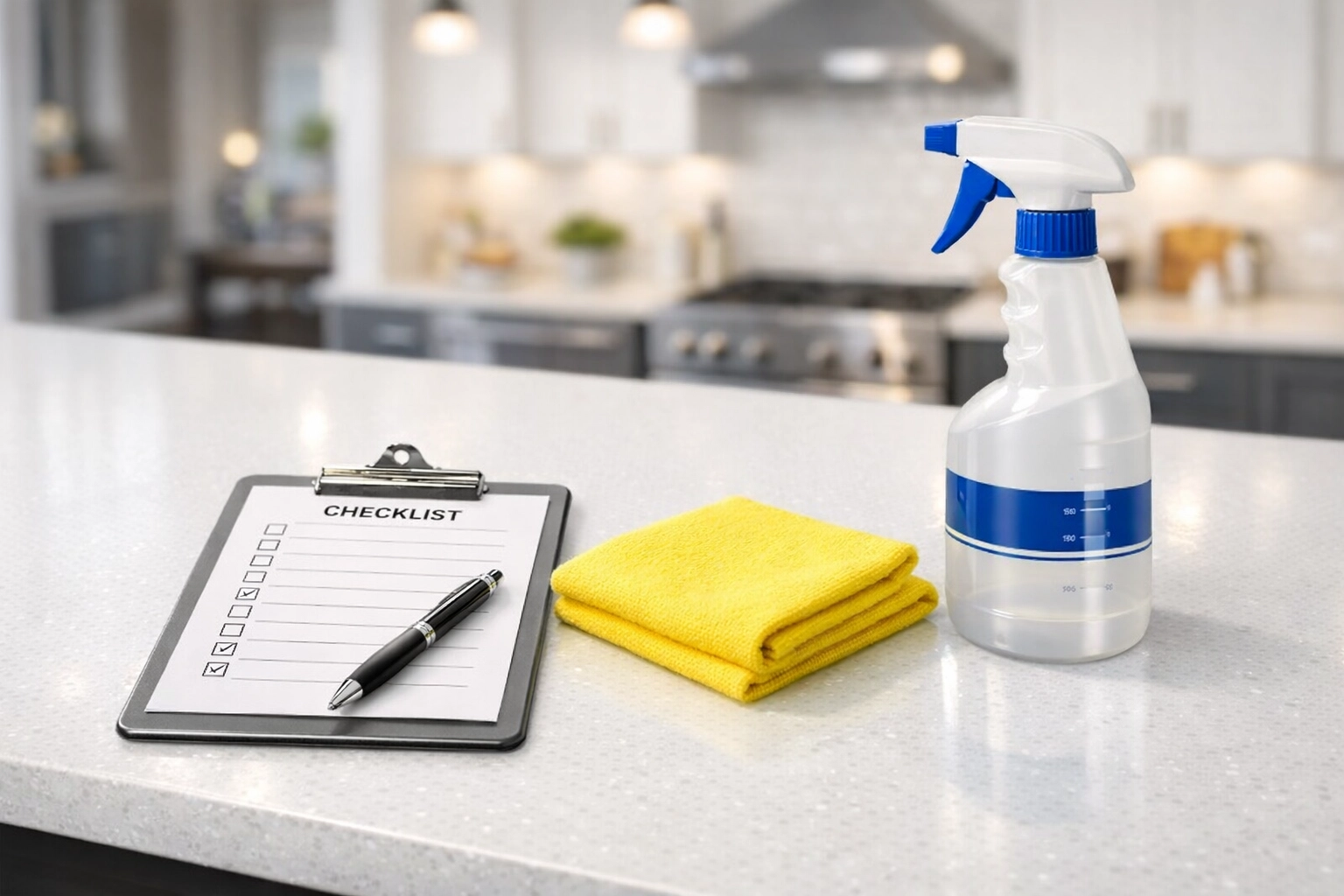 Professional Boston apartment move-out cleaning checklist on a sparkling kitchen island.