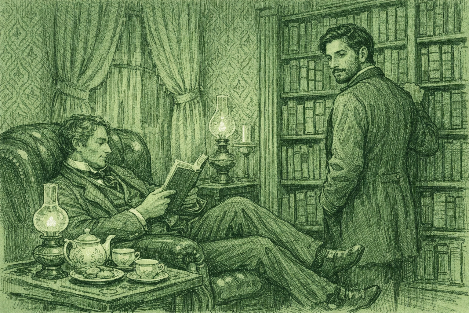 Victorian MM romance scene showing two men sharing intimate moment in private library with bookshelves