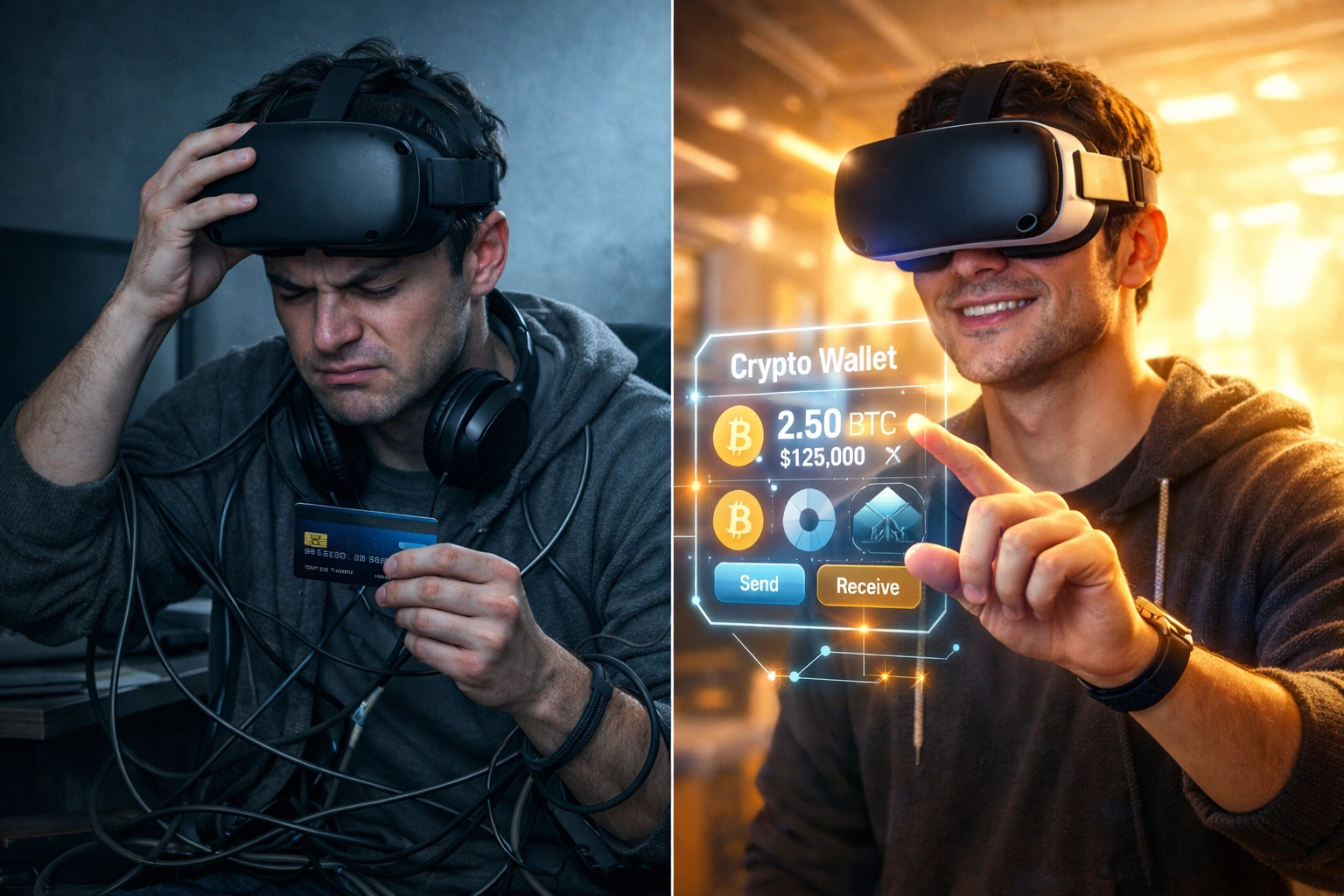 Comparison of traditional credit card checkout versus seamless crypto wallet payment in virtual reality