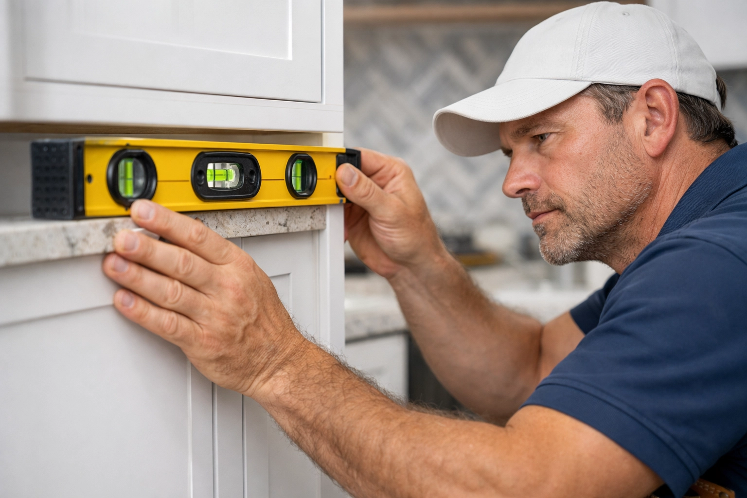 Expert kitchen remodeling Orlando showing precision craftsmanship during custom cabinet installation.