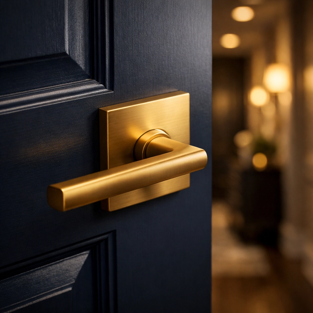 Luxury Emtek brass door hardware on a custom recessed panel interior door with millwork details.