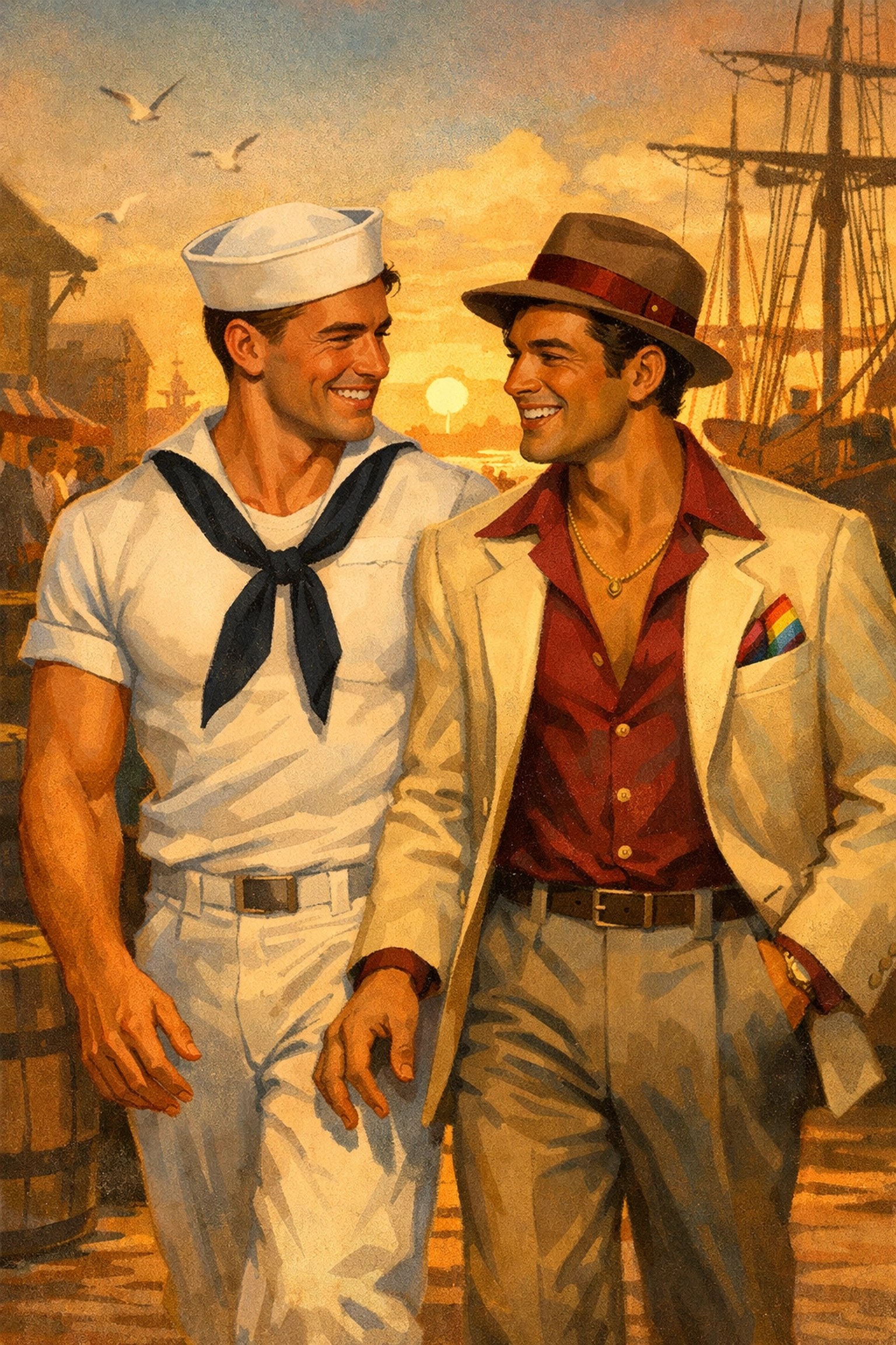 A sailor and a local man walking a 1940s waterfront, representing maritime hubs as queer meccas.