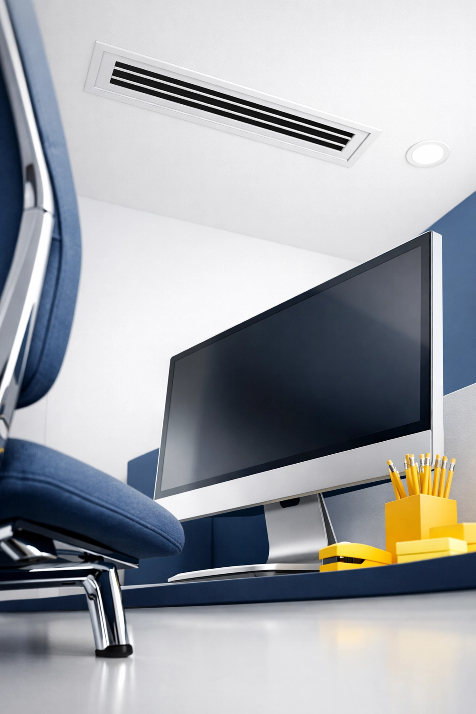 Thorough office cleaning in Bedford focusing on dust-free ceiling vents and sanitized computer workstations.