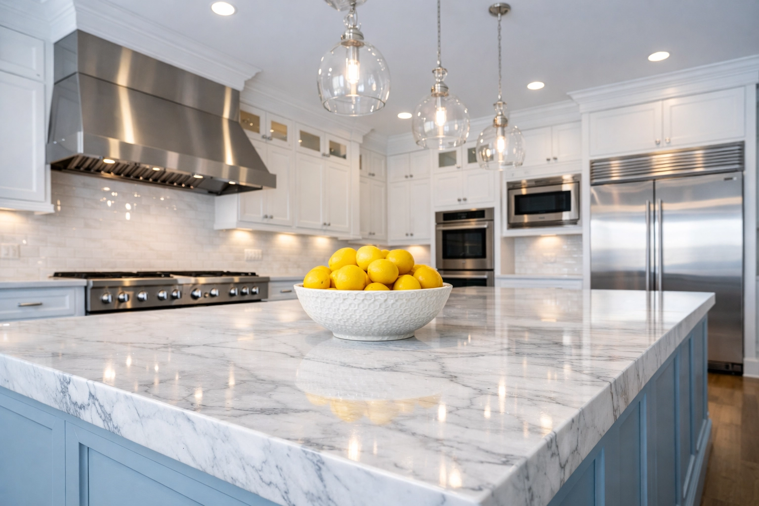 Immaculate gourmet kitchen with a marble island ready for new homeowners in Carlisle, Massachusetts.