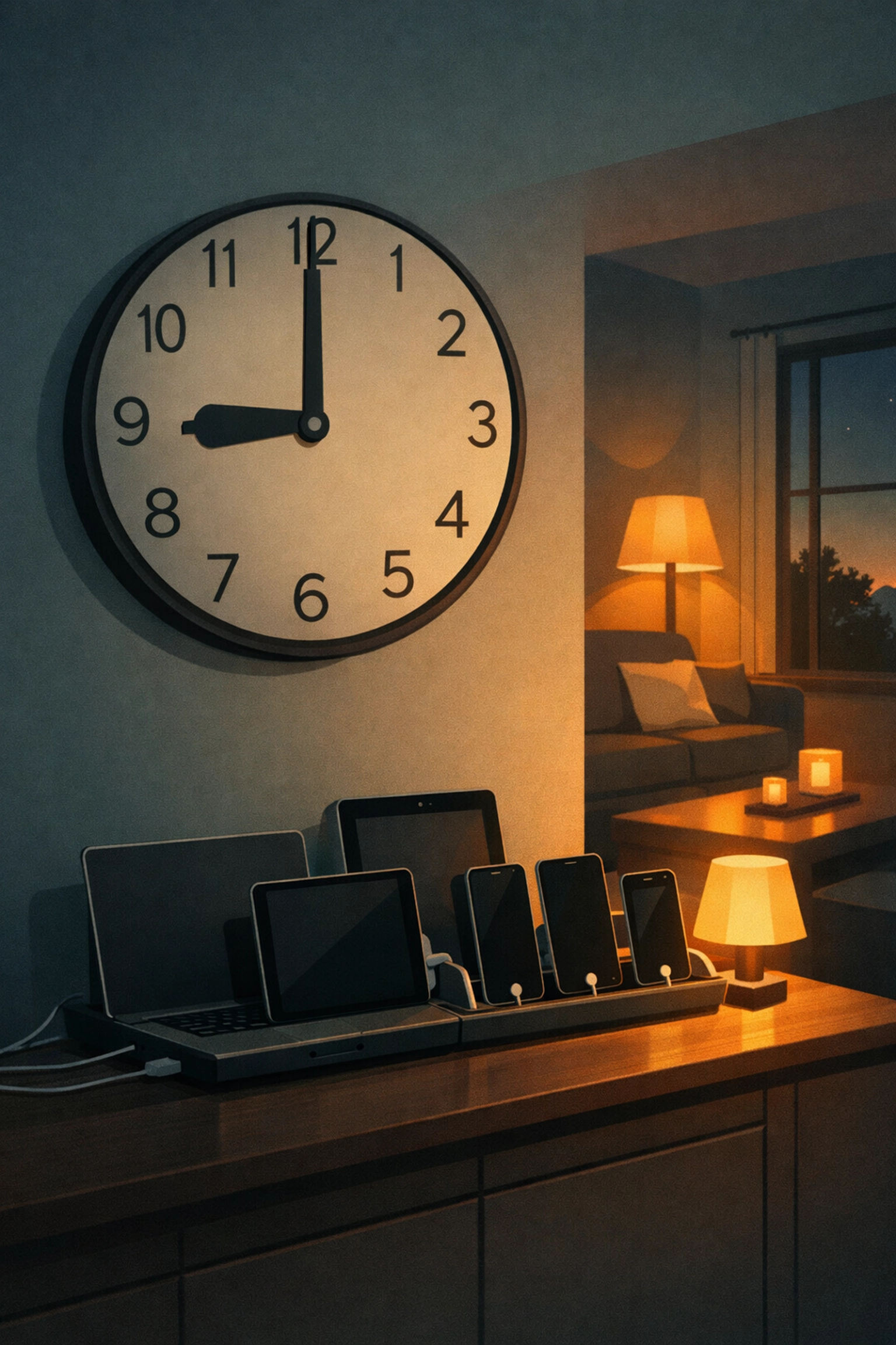 Family devices organized on charging station showing healthy screen time boundaries at bedtime