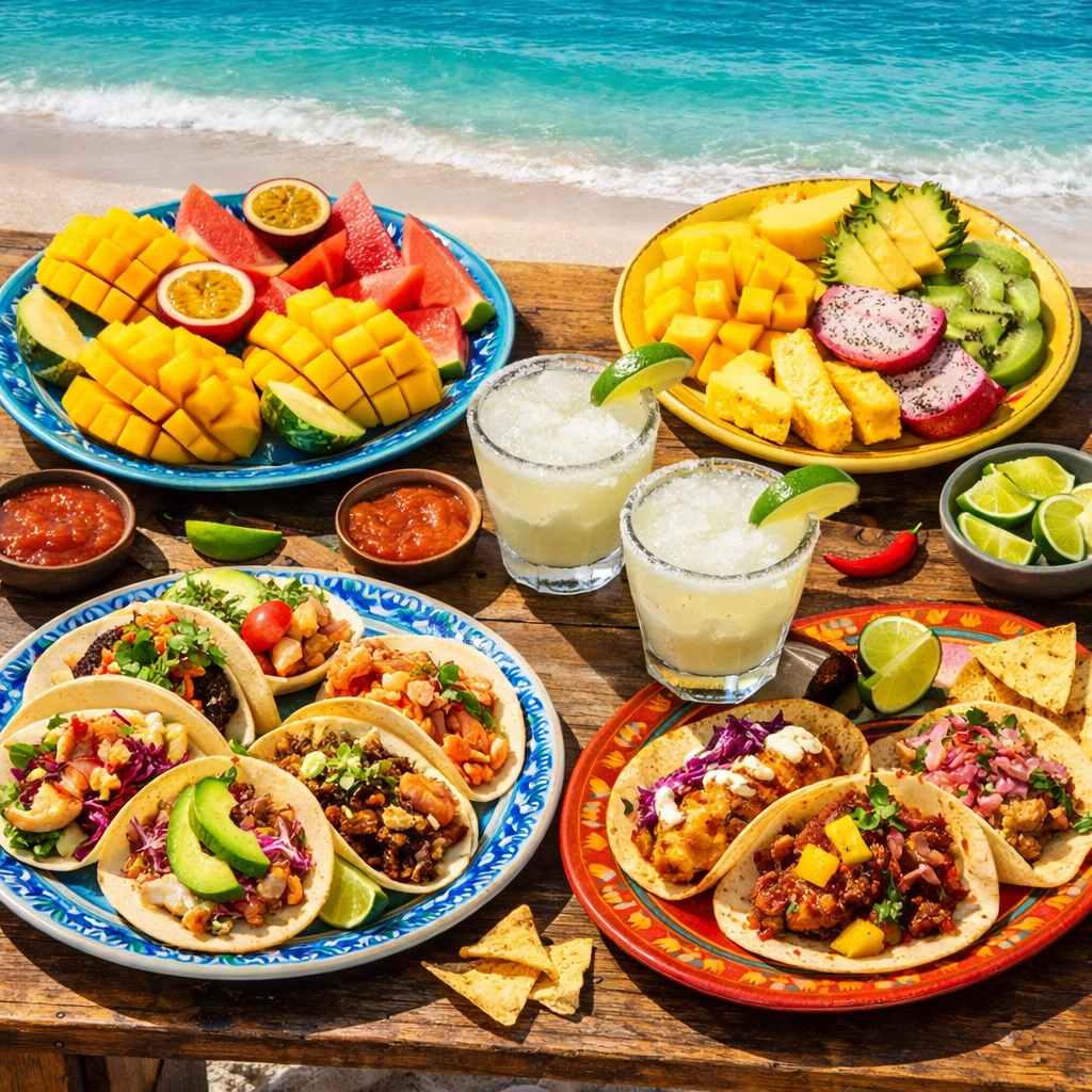 Fresh tacos, fruit platter, and margaritas at Paradise Beach Cozumel beachside dining