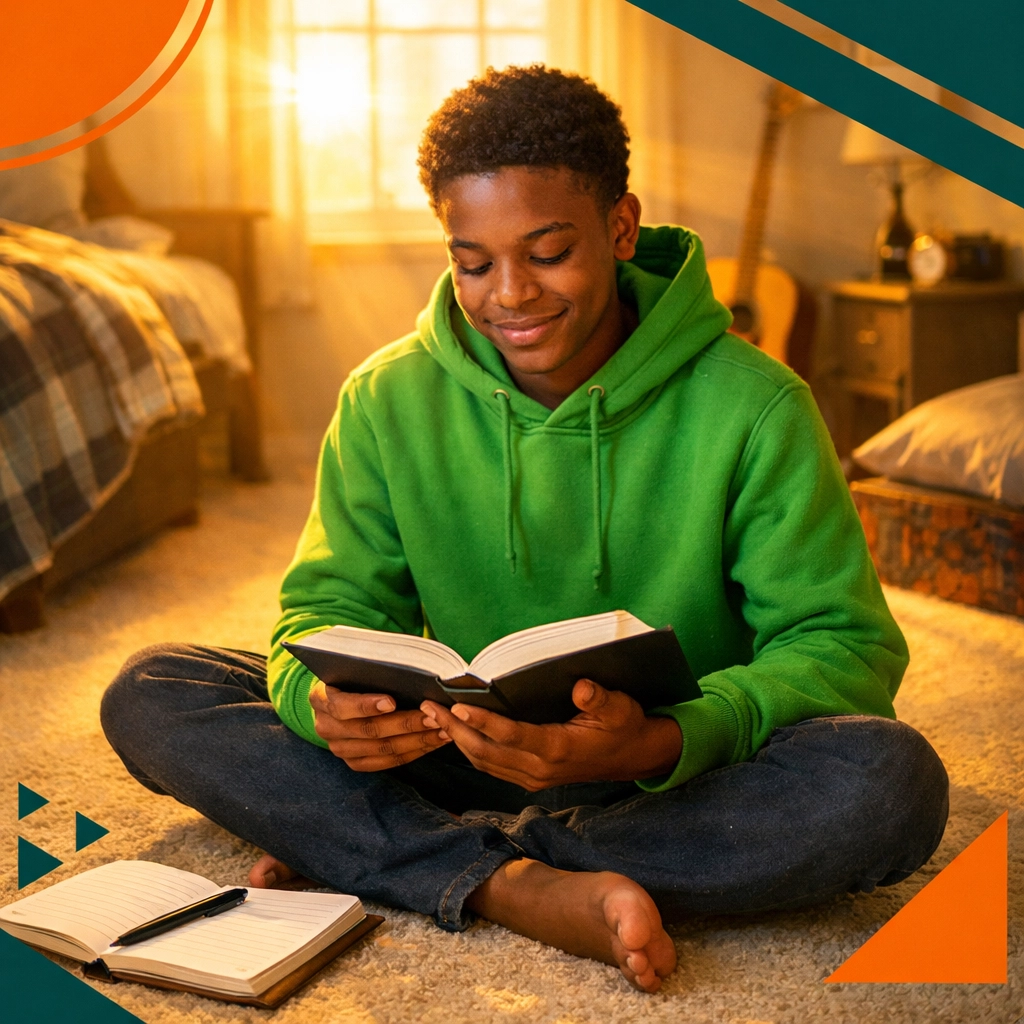 Teen boy having personal quiet time with Bible, building relationship with God through daily devotion