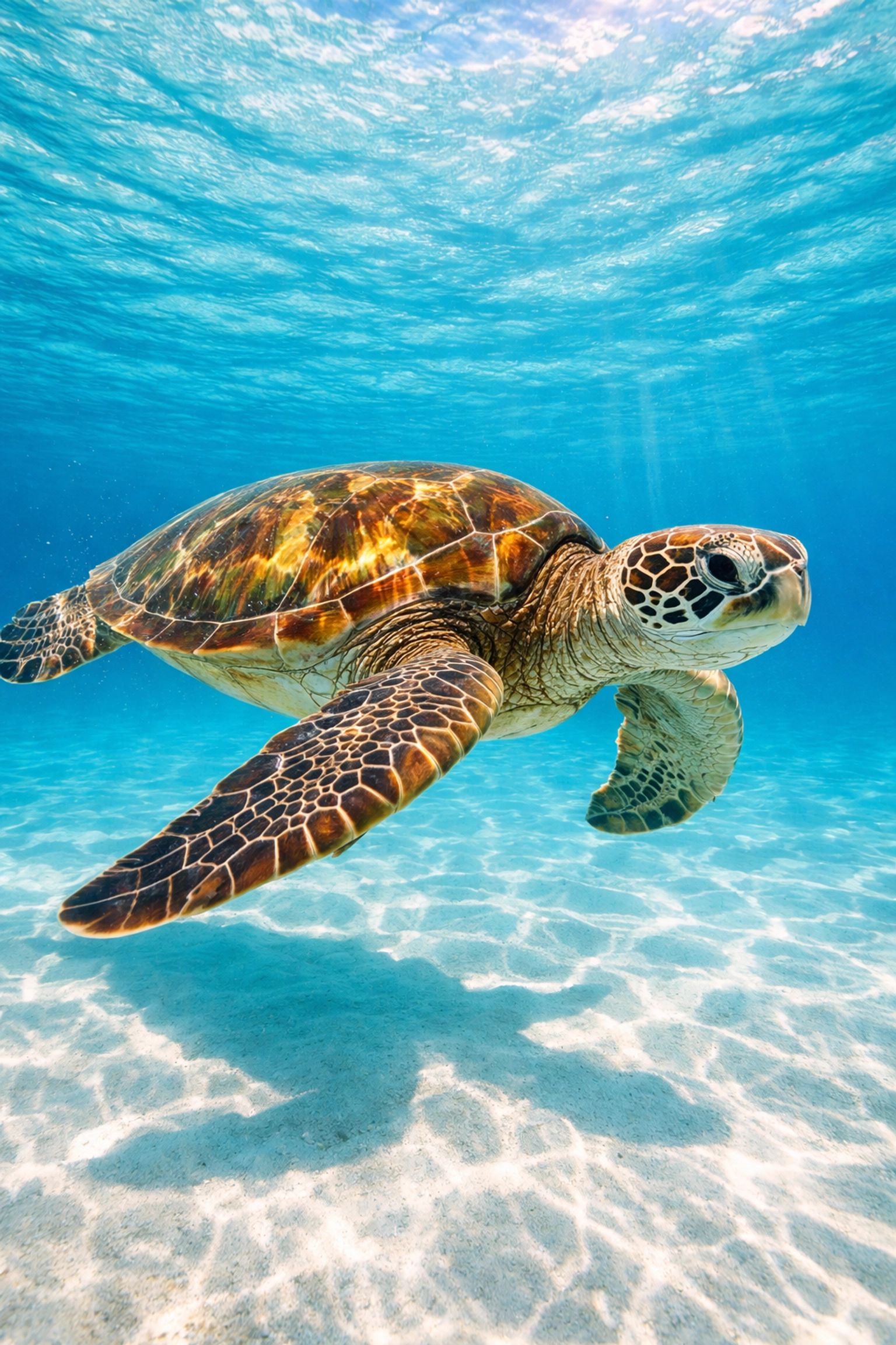 Sharp underwater view of a green sea turtle swimming through clear turquoise ocean water.