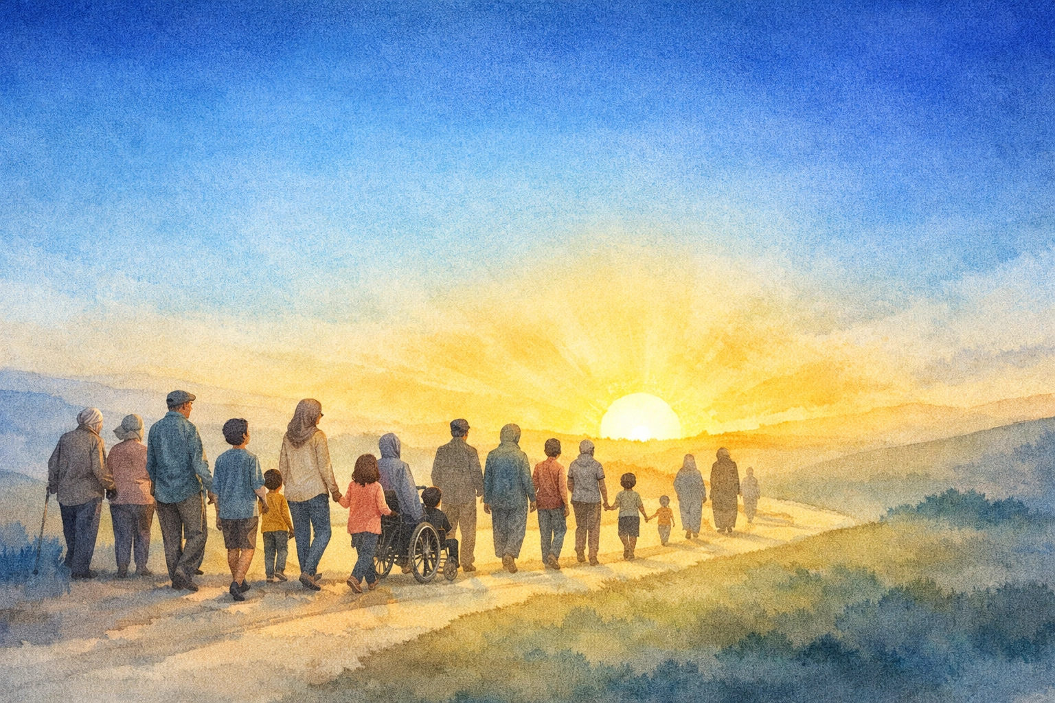 Diverse group walking toward a golden sunrise representing restoration and the divine healing journey.