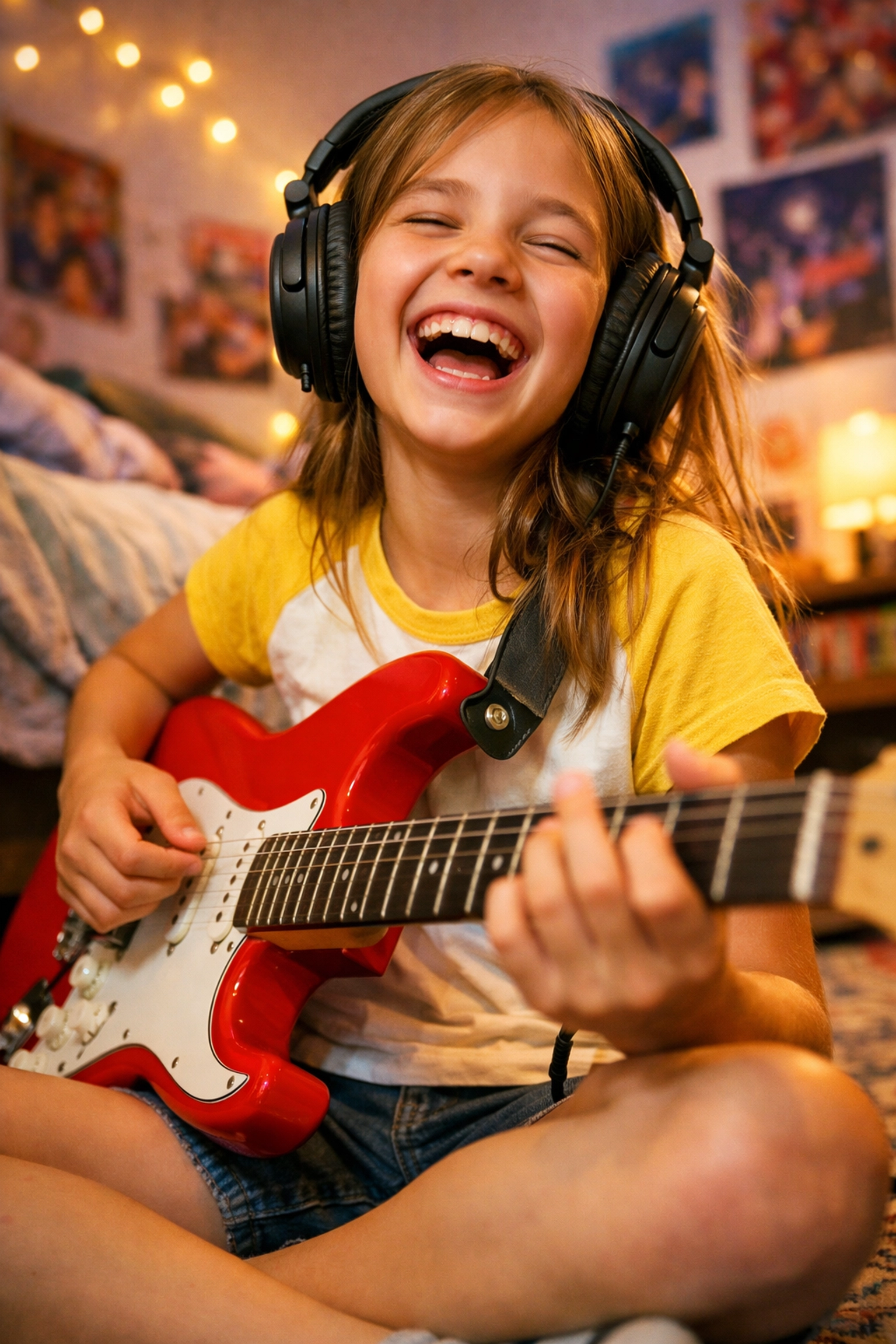 Young girl enjoying guitar lessons in her bedroom, focusing on private music practice in Eastvale.