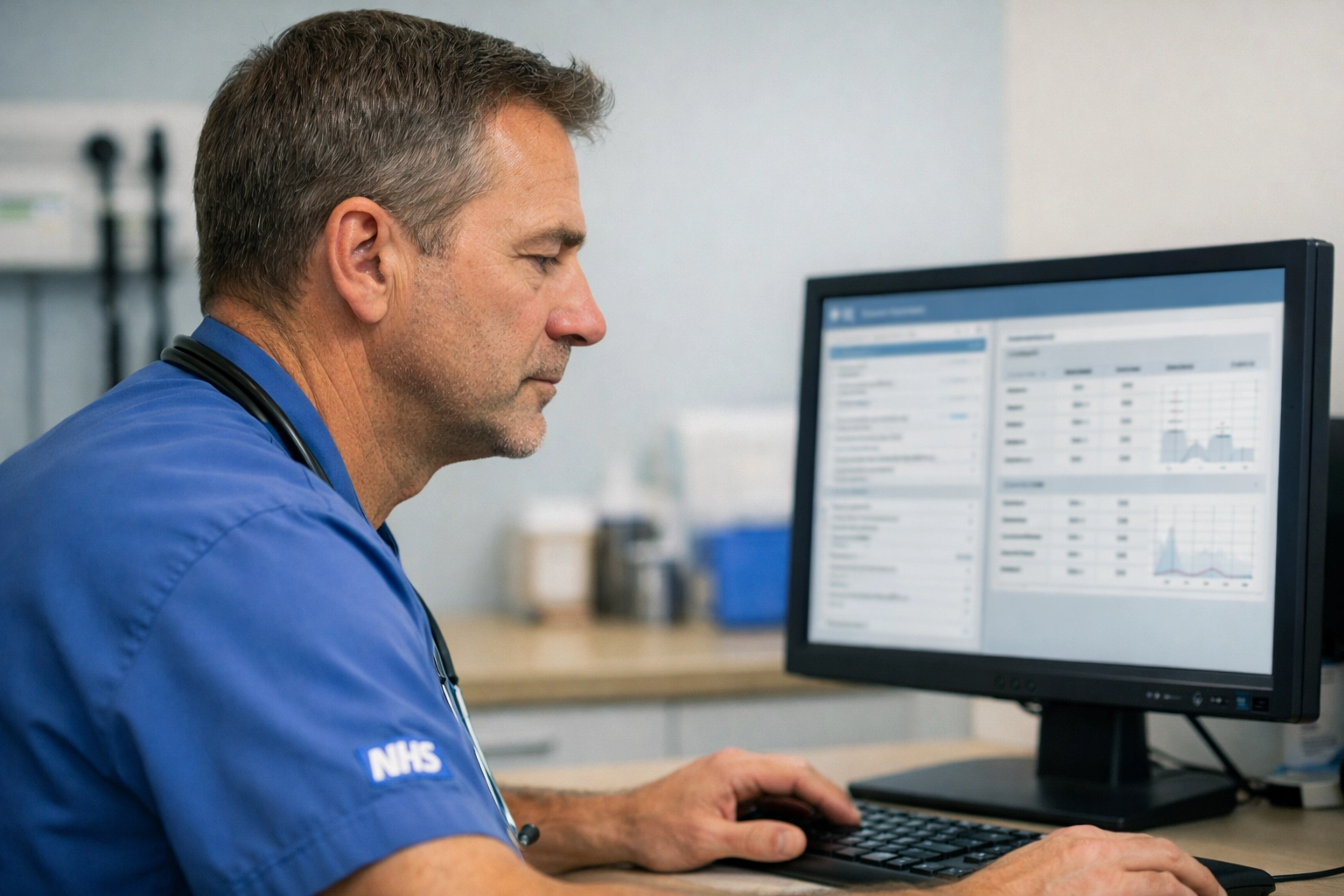 NHS clinician checking patient diagnostic data and eosinophil counts to identify eligible COPD biologic candidates.