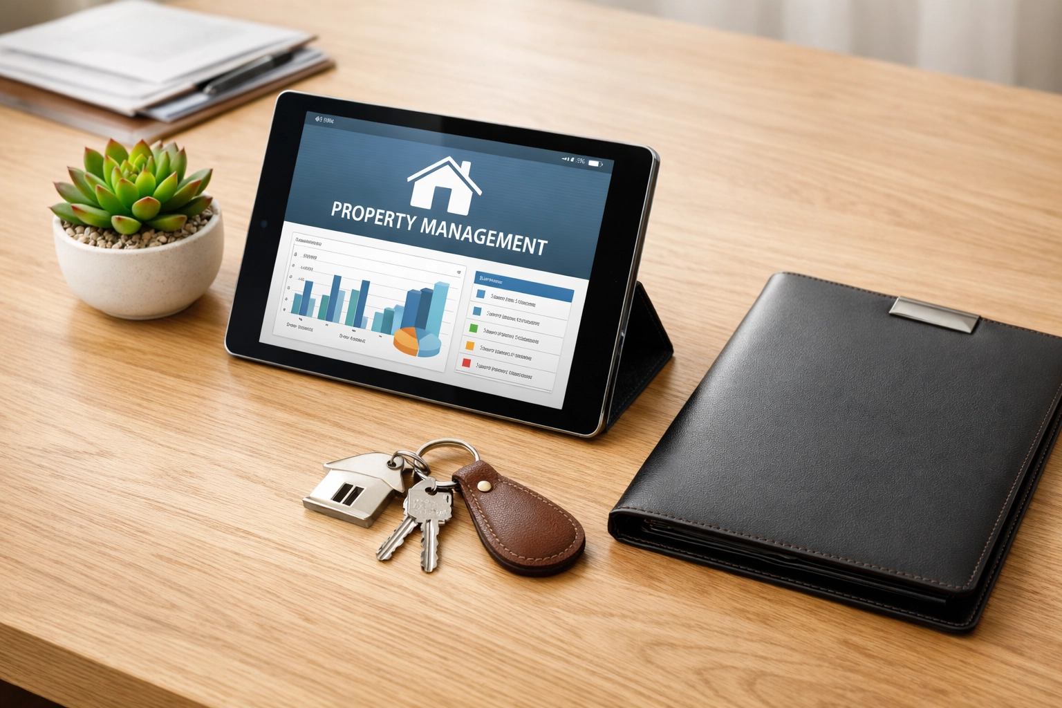 Professional property management workspace with keys and digital tablet for maintenance tracking.
