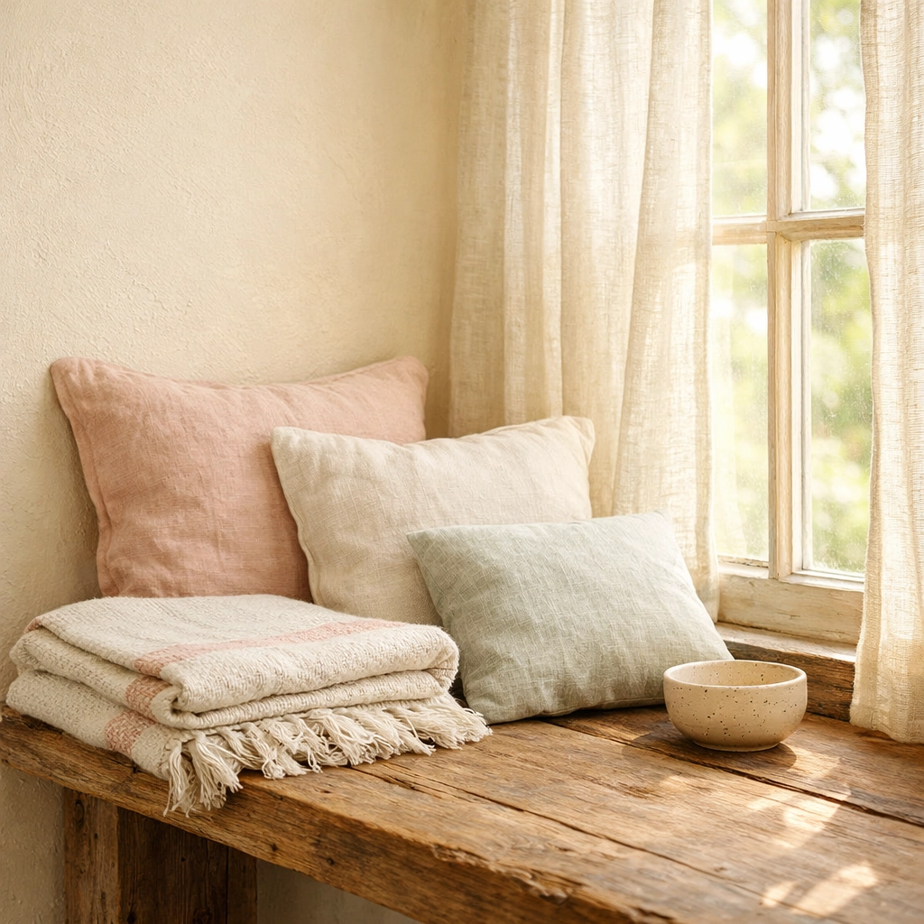 Bright room corner with linen curtains and handmade spring textiles on windowsill