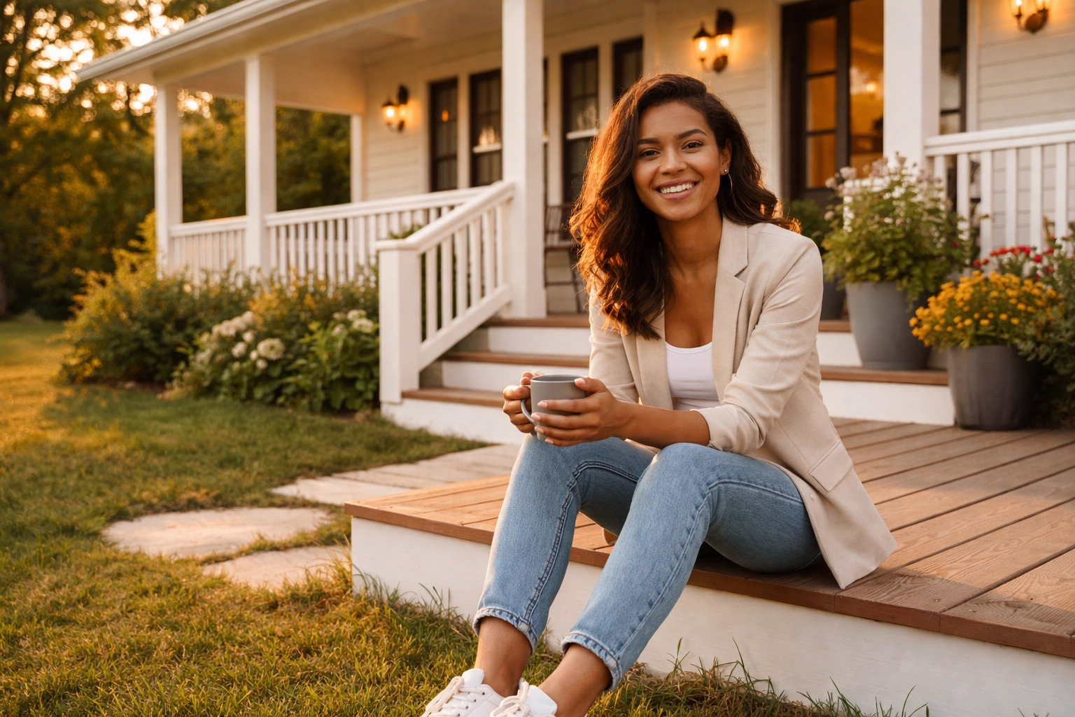 New Connecticut homeowner enjoying her porch after purchasing with an FHA loan