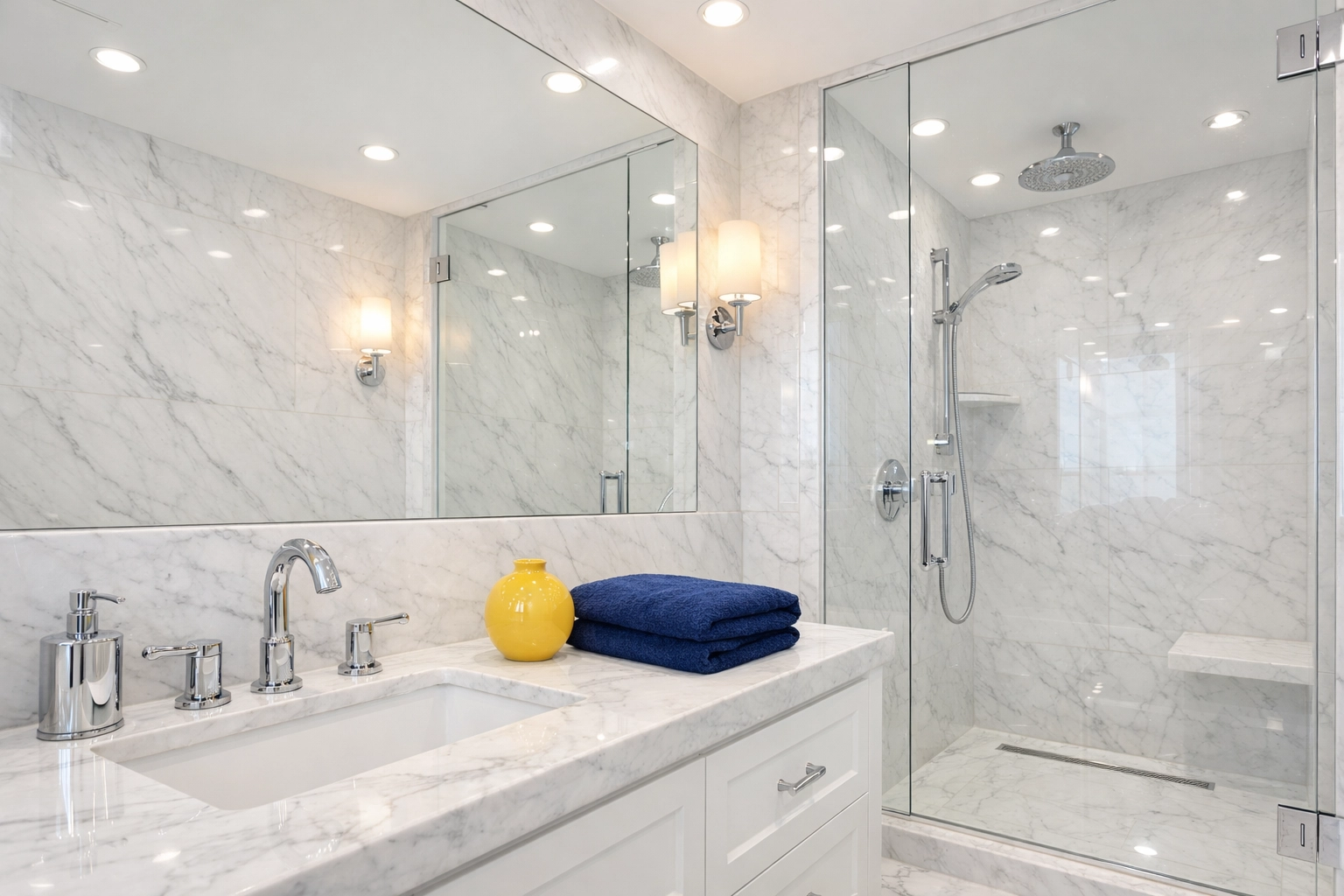 Sparkling marble bathroom with polished fixtures after a professional apartment cleaning in Boston.