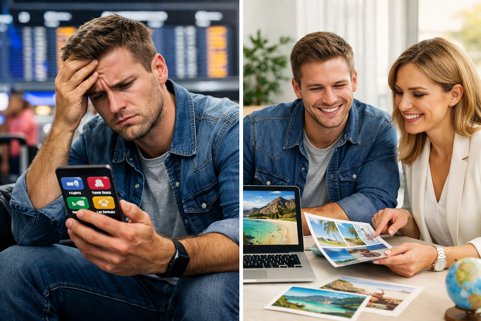 Stressed traveler with booking apps versus relaxed client consulting with professional travel advisor
