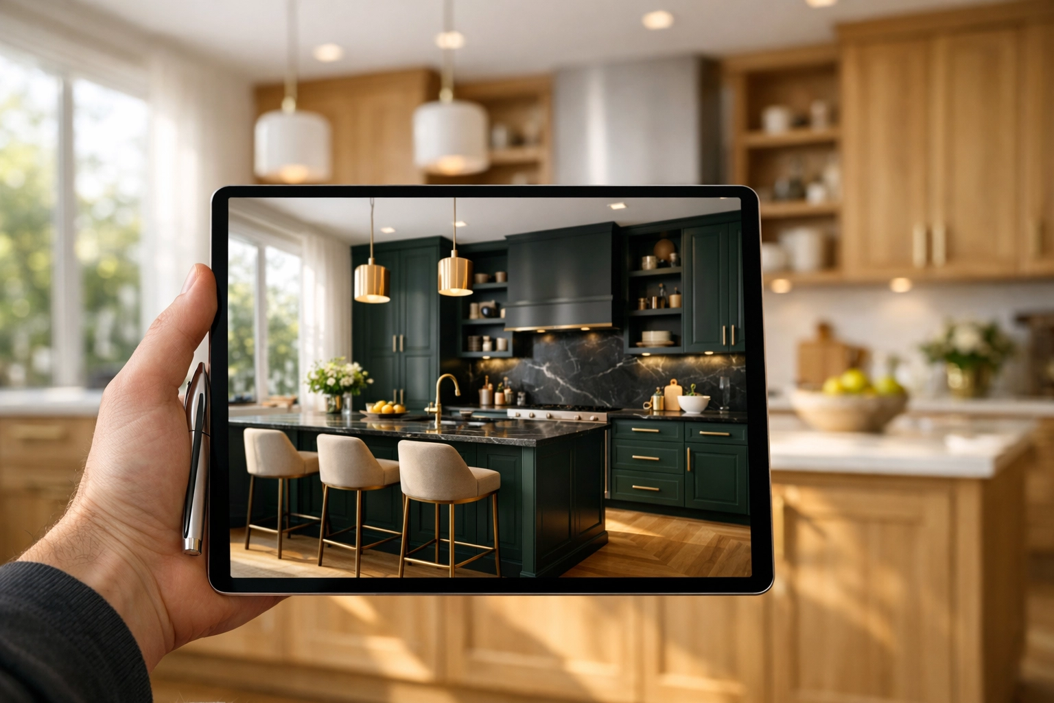 Designer using a tablet to show a modern kitchen design variation with emerald cabinets