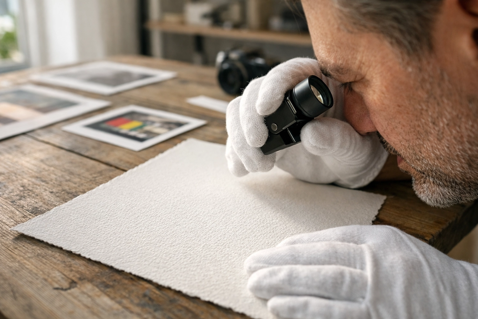 Photographer inspecting the archival prints and paper texture with a loupe for museum quality standards.
