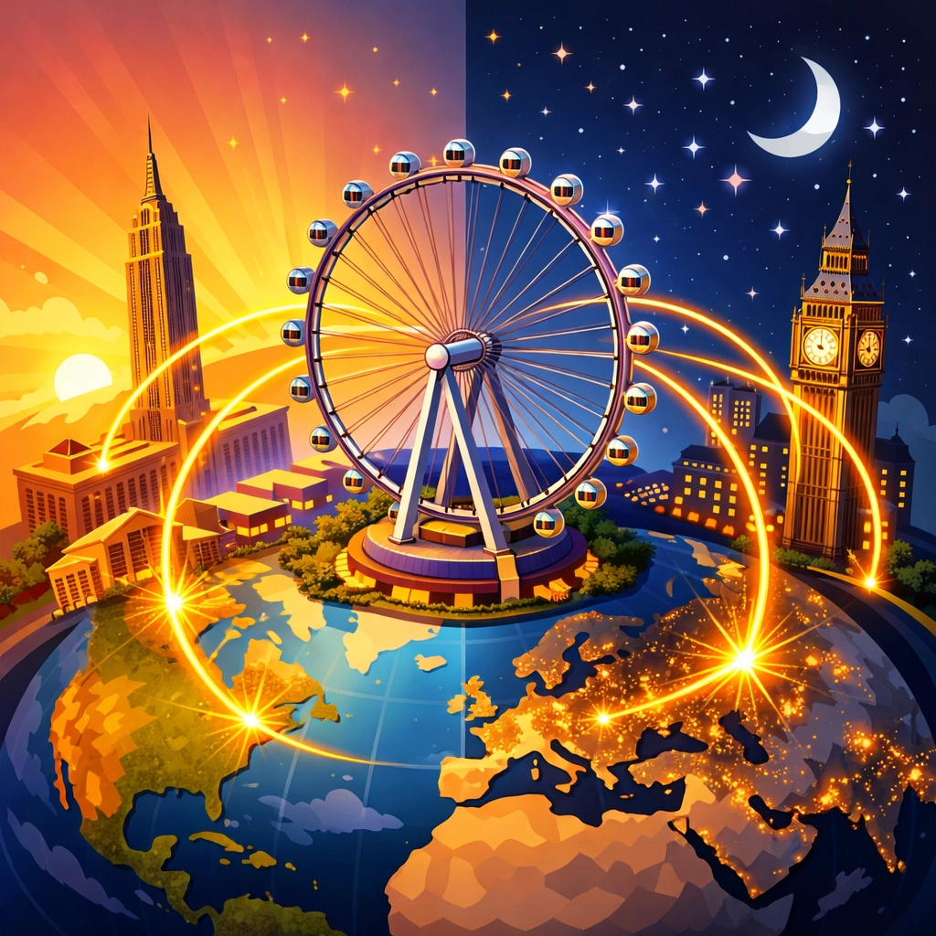 Global time zone connections between Las Vegas, New York, and London around the High Roller wheel.