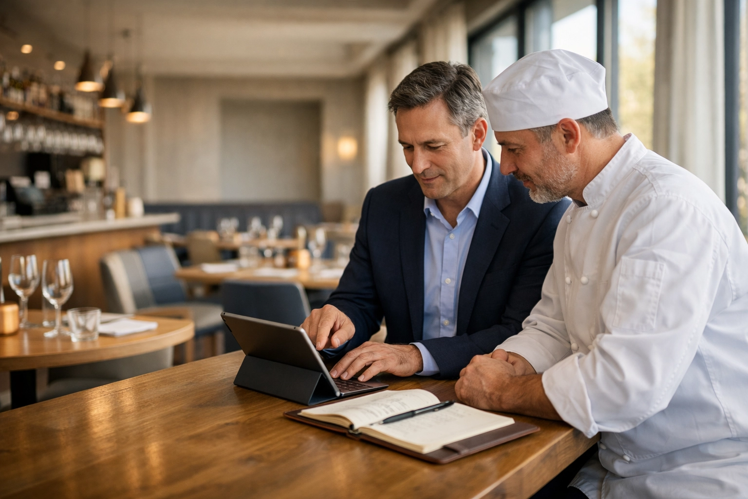 A hospitality consultant and chef collaborating on restaurant operational efficiency and strategic growth.