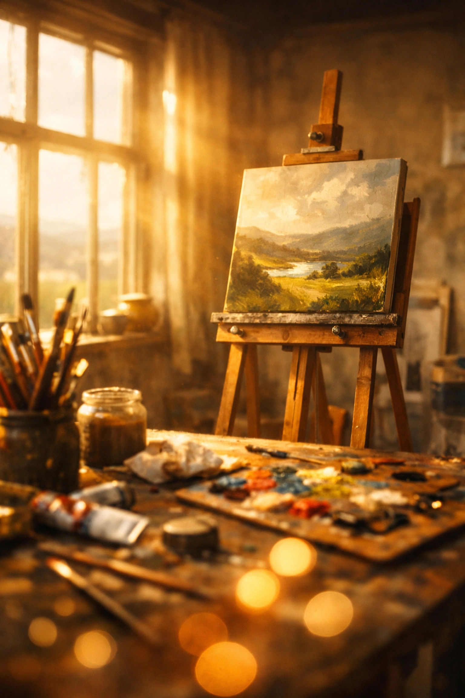 Irish artist studio with painting supplies and natural light representing Ireland's artist support program