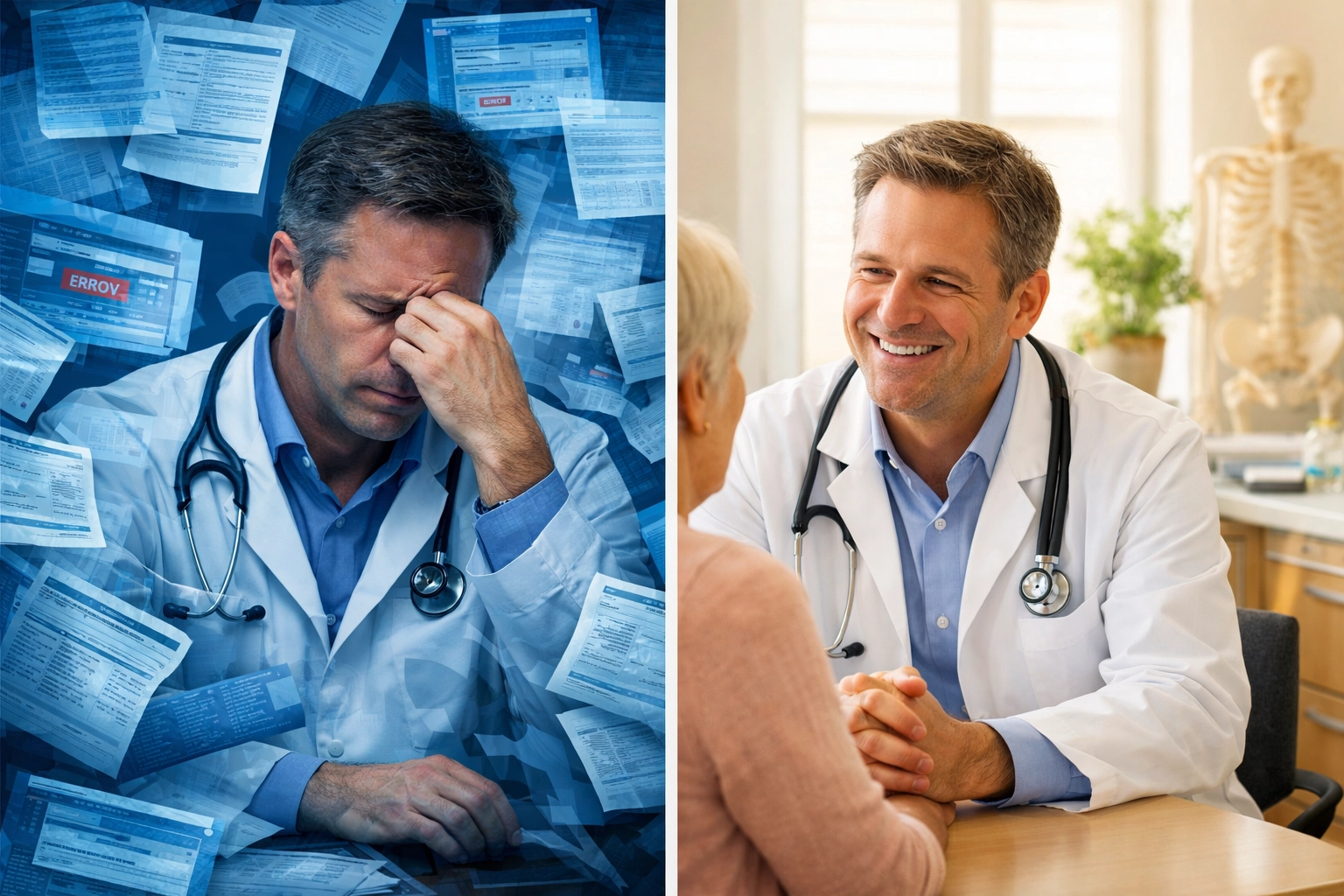 Before and after comparison: stressed clinician with paperwork versus relaxed doctor engaging with patient