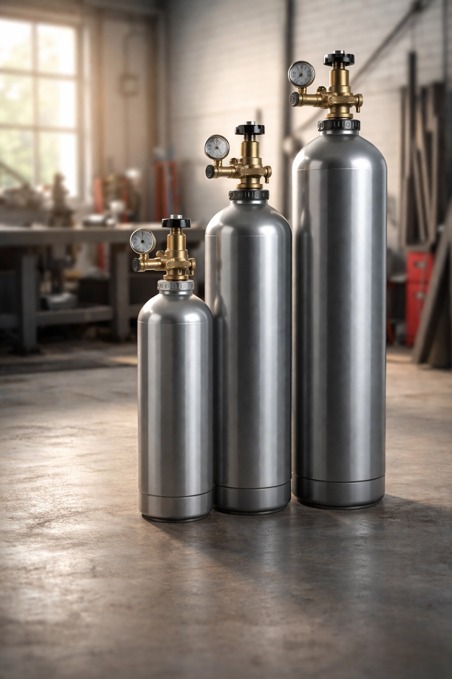 Three different sizes of MIG gas bottles on a workshop floor, comparing options for welding projects.