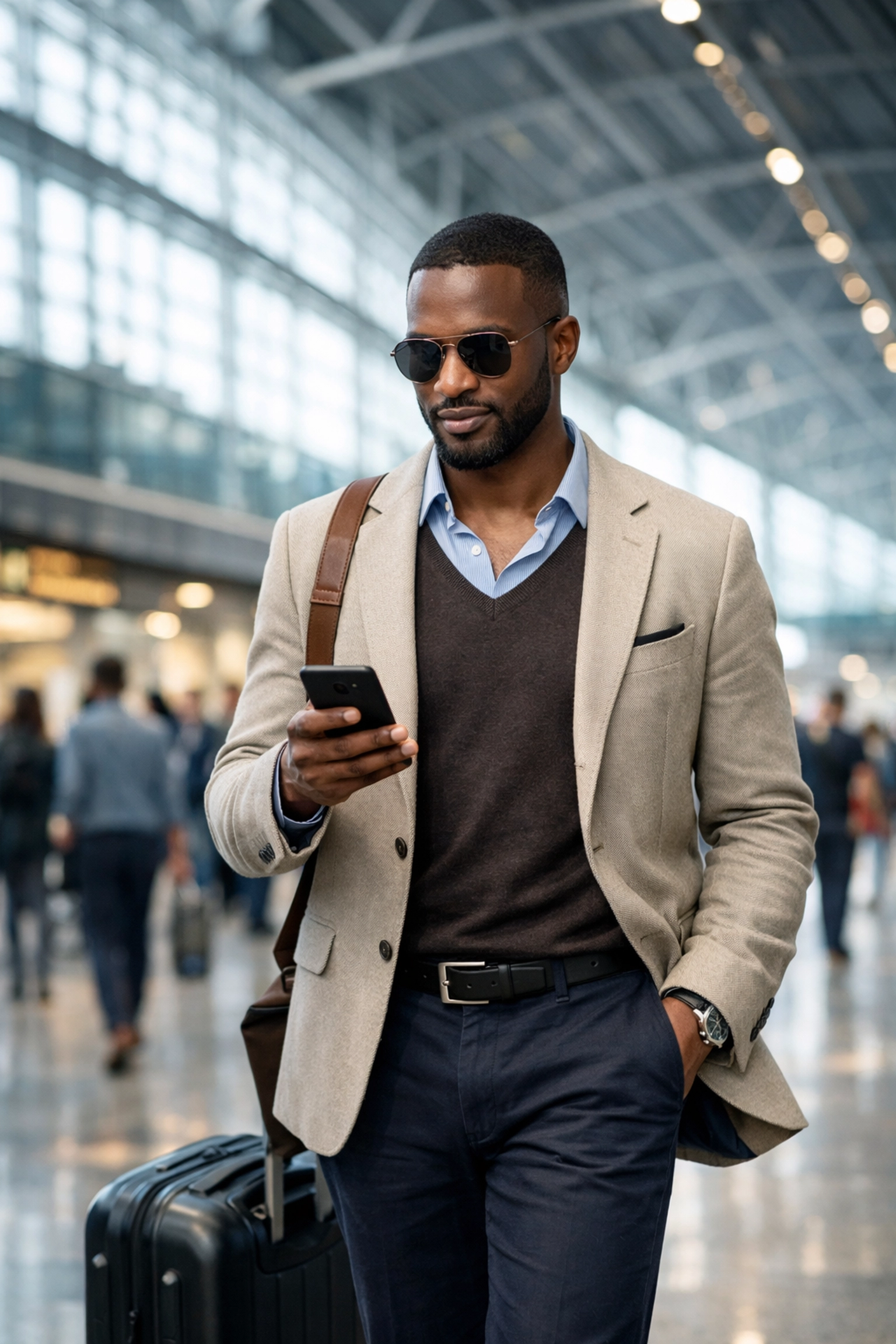Calm traveler in an airport terminal benefiting from real-time support from a travel planning service.