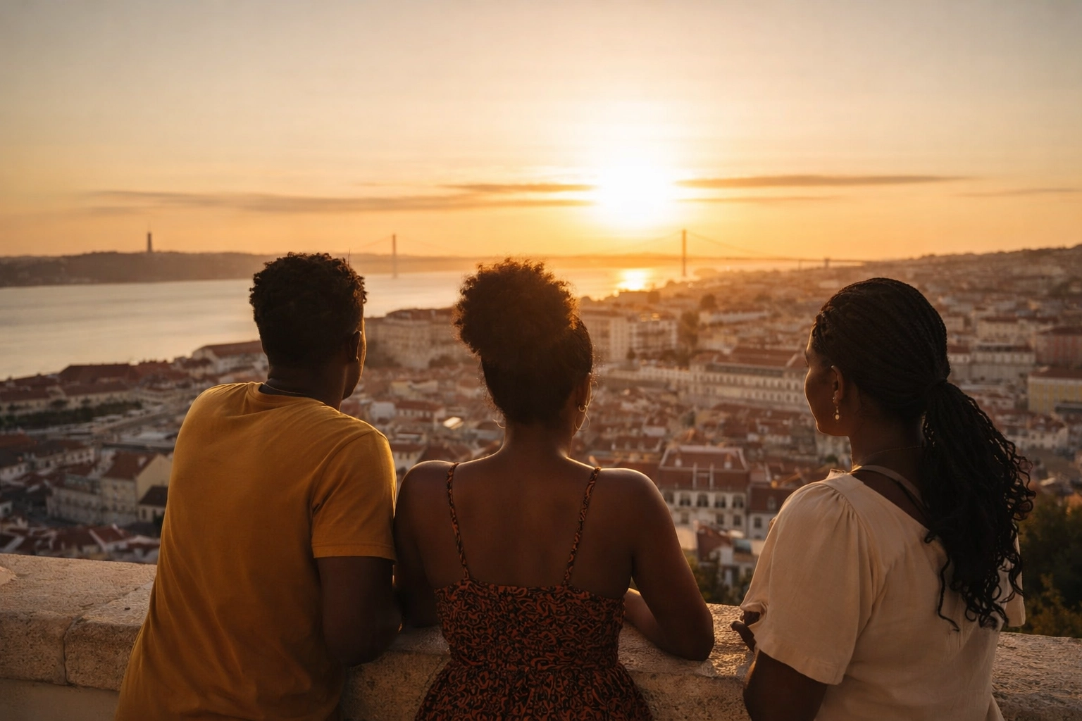 Pessoa cabo-verdiana num miradouro em Portugal ao pôr-do-sol, pronta para começar um novo capítulo com apoio certo.