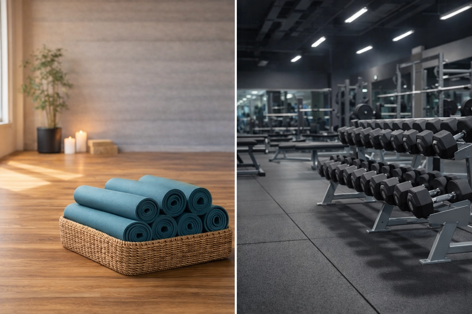 [HERO] Split-screen image: peaceful empty yoga studio with rolled-up mats on one side, clean modern empty gym weight room on the other