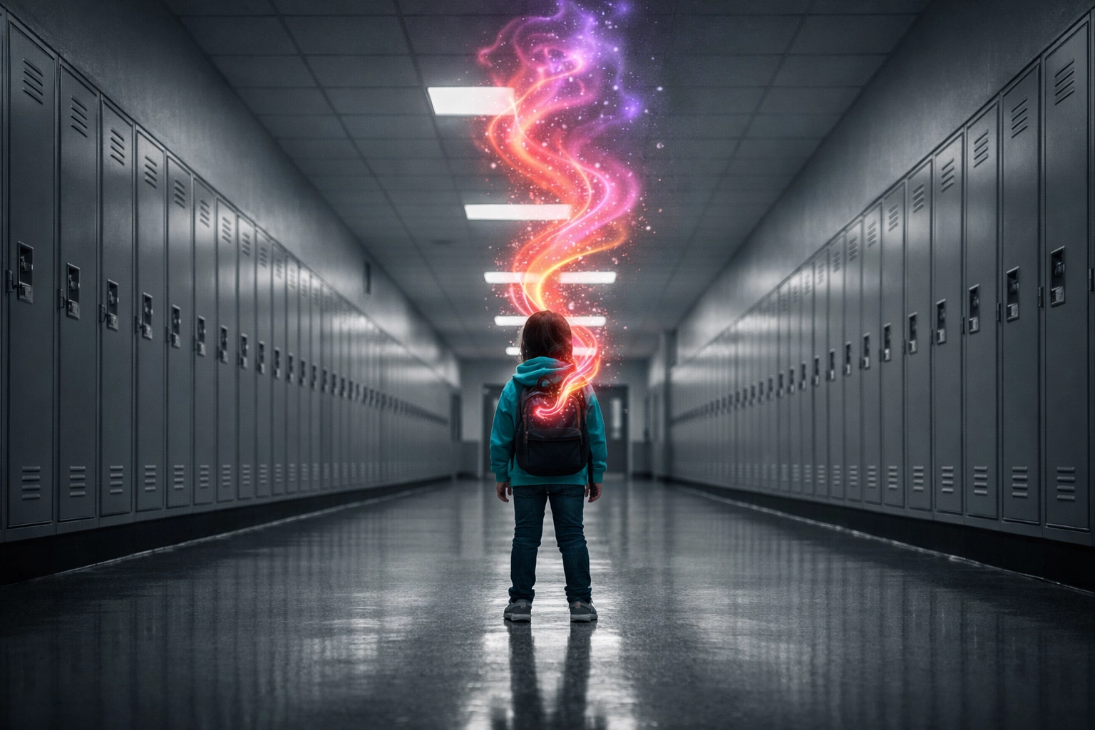 A young girl in a school hallway with vibrant lights representing a creative, uncaged ADHD mind.