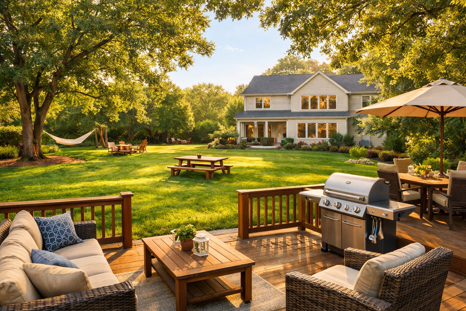Spacious Winston-Salem backyard with deck and lawn for outdoor living