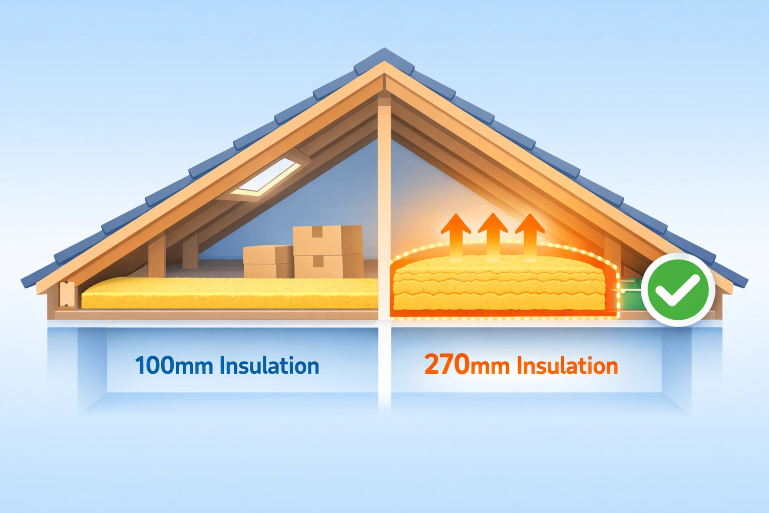 Comparison of 100mm vs 270mm loft insulation depth showing UK building regulation standards