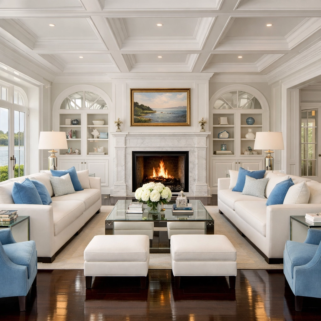 Bright living room with polished hardwood floors after Marblehead luxury house cleaning for a large estate.