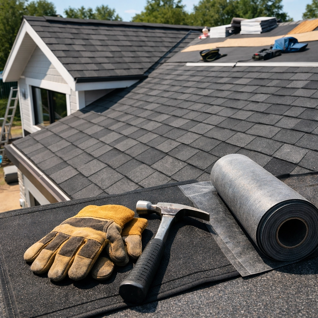 Professional residential roofing job site with architectural shingles, hammer, and safety gear.