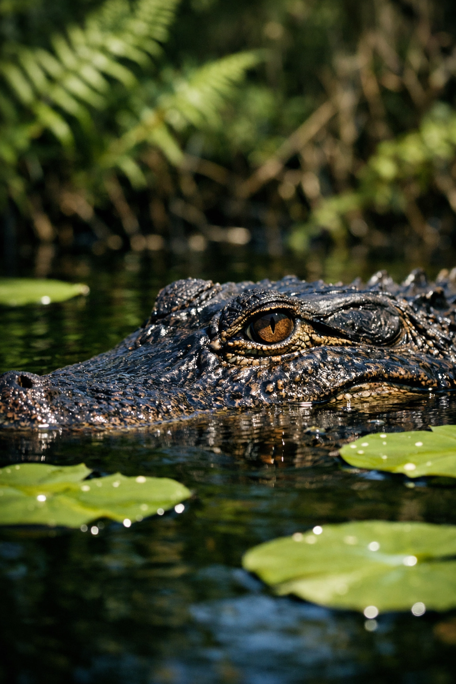 A close-up wildlife photo of an American Alligator submerged in an Everglades canal near lily pads.
