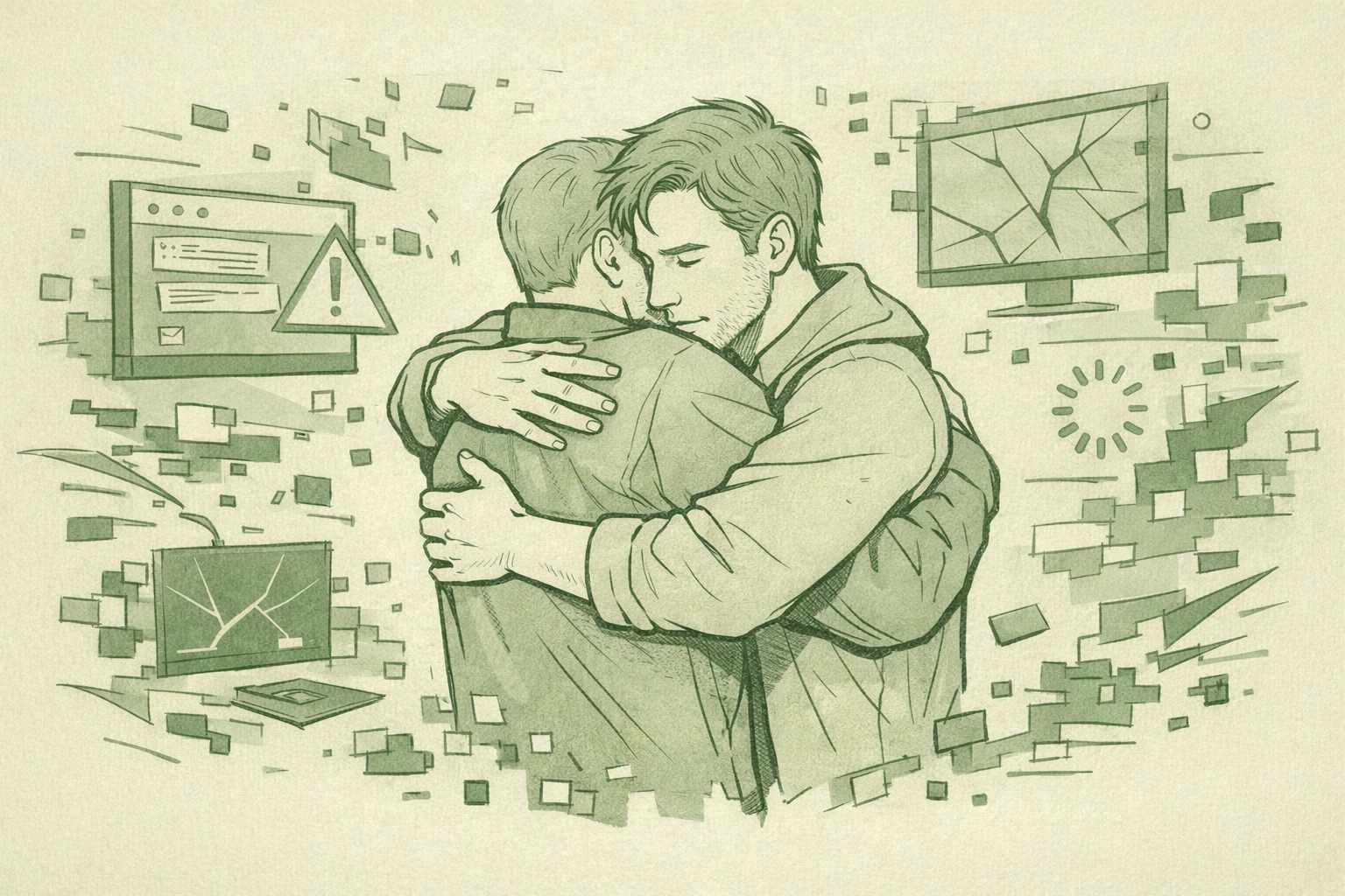 Gay couple embracing showing resilience against online harassment and digital threats