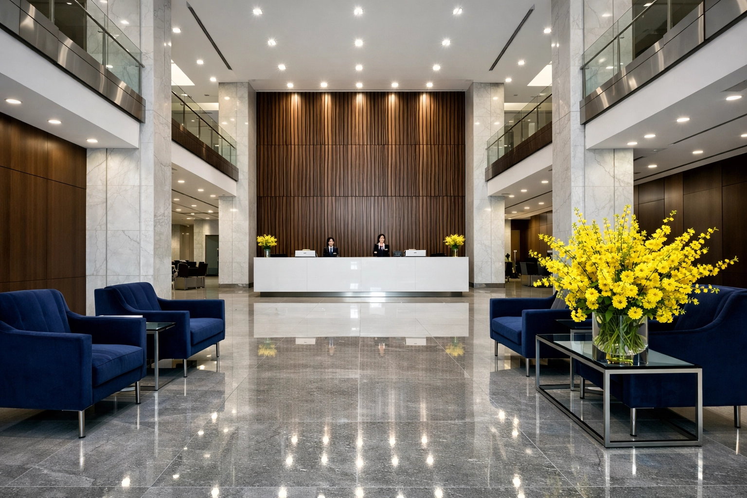 Immaculate corporate lobby in Massachusetts highlighting professional image from expert office cleaning services.