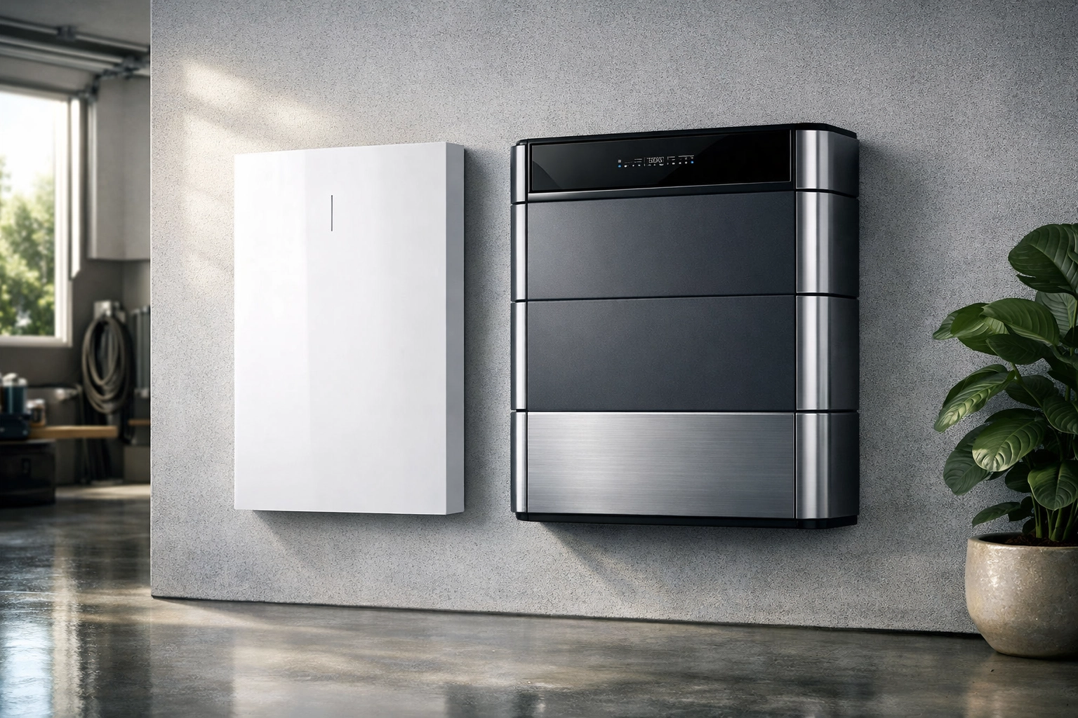 Tesla Powerwall and GivEnergy All-in-One solar batteries installed side-by-side in a modern home garage.