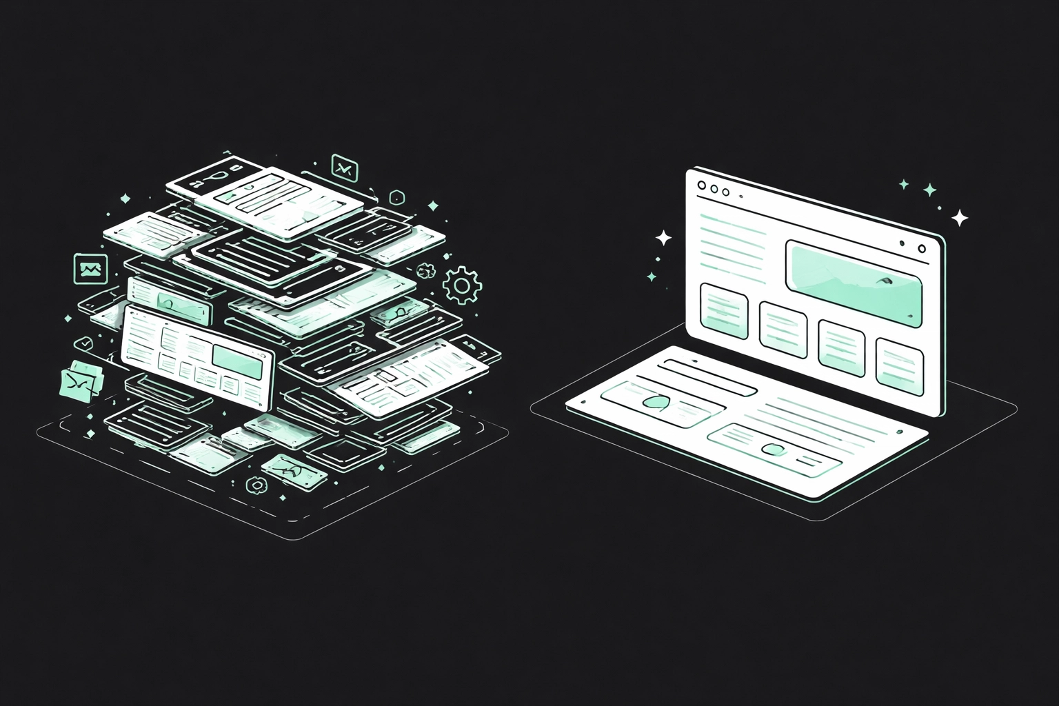 Two abstract website blueprints, showing the difference between bloated templates and efficient custom design.