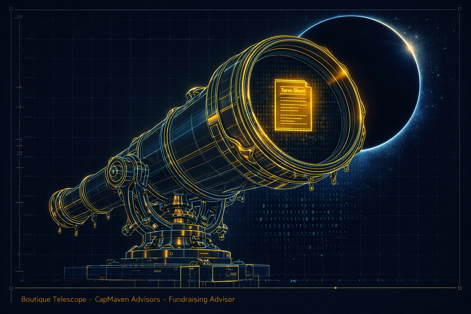 Futuristic blueprint wireframe of a boutique telescope isolating a glowing gold term sheet inside an eclipse data-shadow.