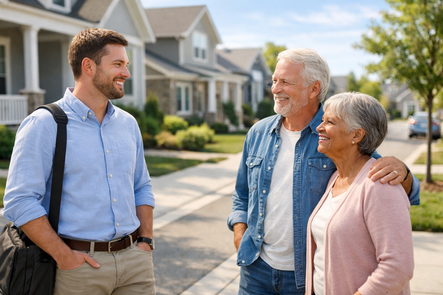 Neighbors talking on a sidewalk in the friendly and safe Piney Woods manufactured home community.