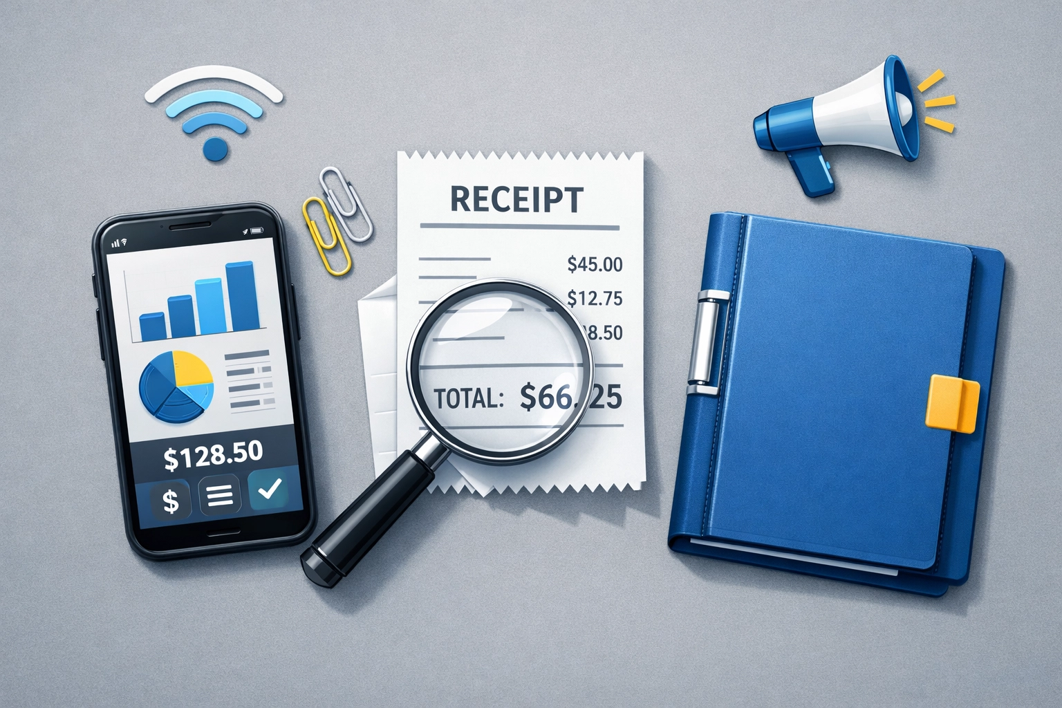Flat design illustration of business receipts and digital tools used for tracking small business tax deductions.