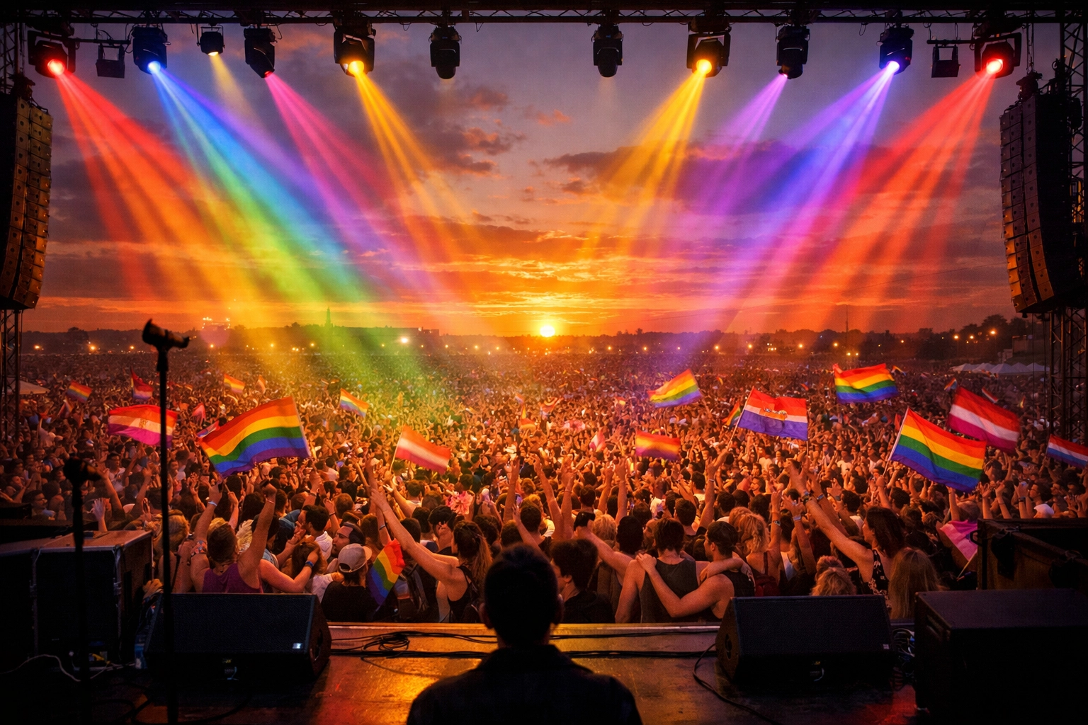 LGBTQ+ music festival crowd with pride flags celebrating queer alternative artists at main stage