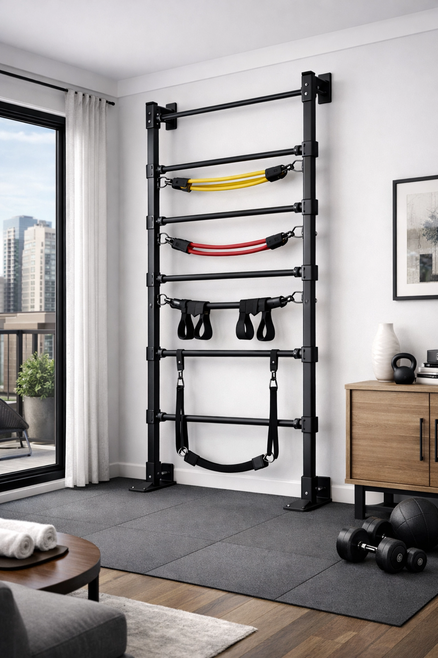 Modern floor to ceiling gym featuring the Resistance Rail system for a versatile home gym.