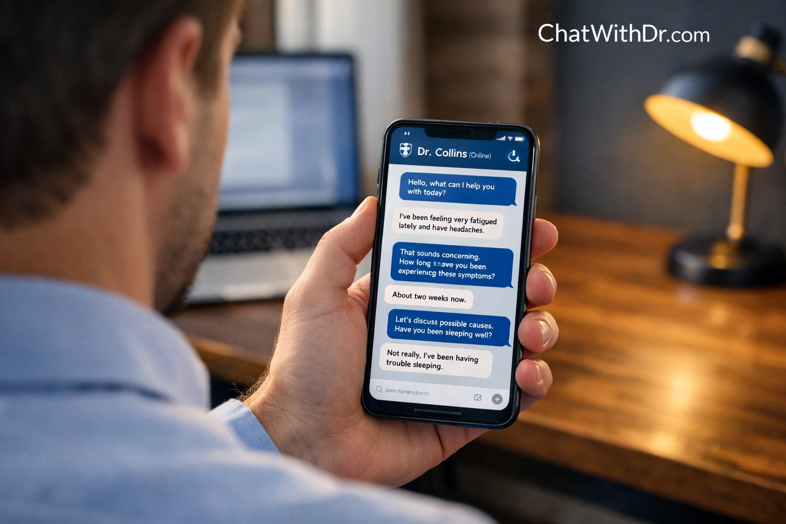 Man in a home office using ChatWithDr secure medical messaging for a 24/7 online doctor consultation.
